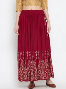 Clora Creation Women Maroon Floral Printed Flared Maxi Skirts