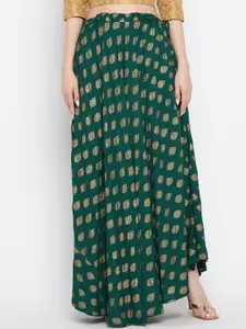 Clora Creation Bottle-Green & Gold-Colored Printed Flared Maxi Skirt