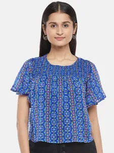 People Navy Blue Floral Print Chiffon Top