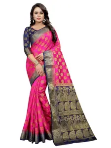 PERFECT WEAR Pink & Navy Blue Ethnic Motifs Zari Silk Cotton Banarasi Saree