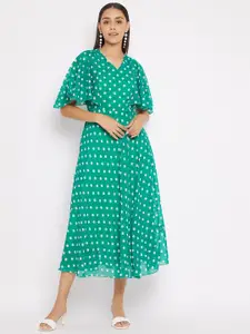 HELLO DESIGN Women Turquoise Blue Polka Dot Print Georgette Midi Dress
