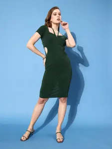 Moda Rapido Women Green Solid Cut Out Detailed Shimmer Bodycon Dress