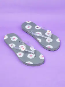 max Women Grey & White Printed Rubber Thong Flip-Flops