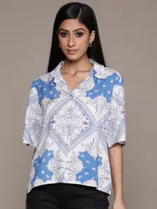 Label Ritu Kumar Women Blue & White Printed Casual Shirt