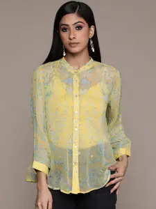 Label Ritu Kumar Women Yellow & Blue Floral Printed Casual Shirt