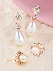 Zaveri Pearls Set of 2 Rose Gold-Plated Cubic Zirconia Studded Contemporary Drop Earrings
