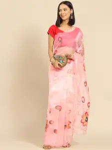 Anouk Peach-Coloured Hand-Printed Floral Organza Saree