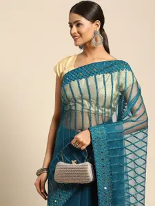 Anouk Teal Green Striped Net Saree