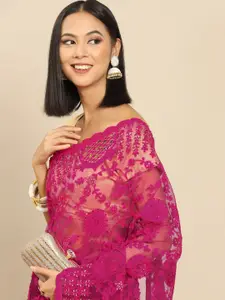 Anouk Magenta Floral Embroidered Net Saree