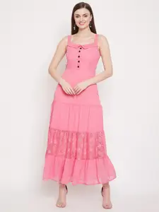 HELLO DESIGN Pink Solid Georgette Maxi Dress With Frills