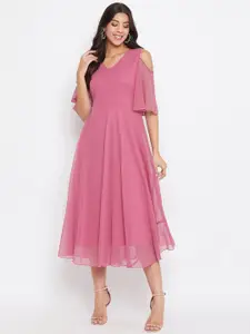 HELLO DESIGN Women Pink Solid V- Neck Fit & Flare Dress