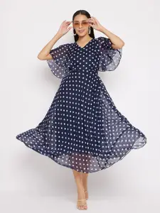 HELLO DESIGN Navy Blue Polka Dot Printed Georgette Midi Dress