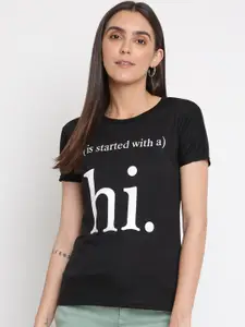 iki chic Women Black Typography Printed Cotton T-shirt