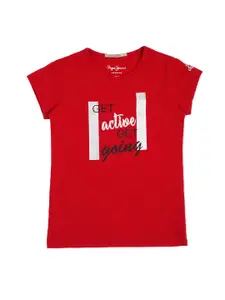 Pepe Jeans Girls Red Typography Printed Pure Cotton T-shirt