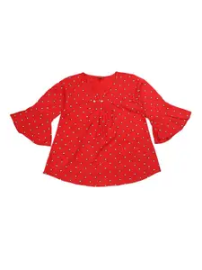 V-Mart Kids-Girls Red Print Round Neck Bell Sleeves A-Line Top