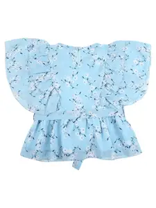 V-Mart  Kids-Girls Blue Floral Print Cinched Waist Top