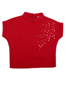 V-Mart Red Geometric Embroidered Placement Print Top
