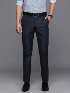 Raymond Men Dark Blue Checked Slim Fit Mid-Rise Formal Trousers