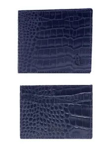 Kara Men Navy Blue Textured Leather Two Fold Wallet With Card Holder Combo