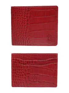 Kara Men Red Textured Leather Two Fold Wallet With Card Holder Combo