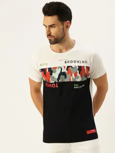 VEIRDO Men White and Black Typography Printed Applique Regular T-shirt