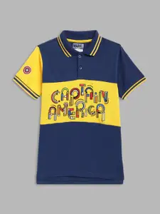 Blue Giraffe Boys Navy Blue & Yellow Captain America Printed Polo Collar Cotton T-shirt