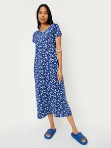 max Women Navy Blue & white Floral Printed Cotton Maxi Nightdress