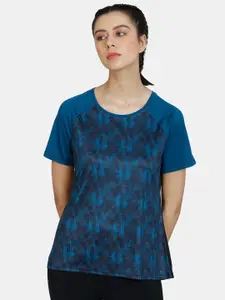 Zelocity by Zivame Women Blue Printed Training or Gym T-shirt