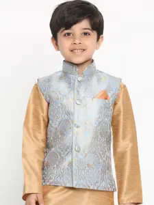 VASTRAMAY Boys Grey & Gold-Coloured Banarasi Brocade Woven Slim-Fit Nehru Jackets
