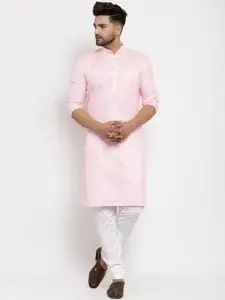 Kaifoo Men Pink Solid Mandarin Neck Straight Kurta with Pyjamas