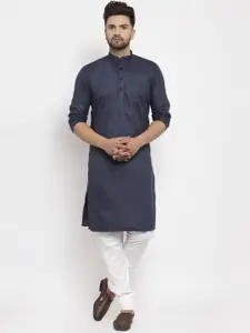 Kaifoo Men Navy Blue Solid Mandarin Neck Straight Kurta with Churidar
