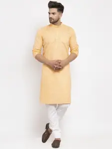 Kaifoo Men Peach-Coloured Solid Mandarin Neck Straight Kurta with Churidar