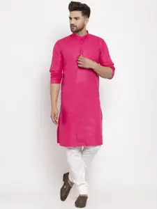 Kaifoo Men Pink Solid Mandarin Neck Straight Kurta with Churidar