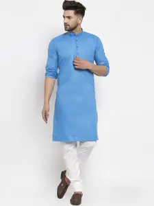 Kaifoo Men Blue Solid Mandarin Neck Straight Kurta with Churidar