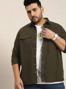 Sztori Men Plus Size Olive Green Solid Oversized Pure Cotton Woven Casual Shirt