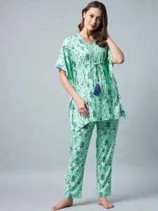 StyleStone Women Green & Blue Printed 2 Piece Kaftan Style Night suit