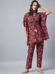 StyleStone Women Maroon & Beige Floral Printed Kaftan Night suit