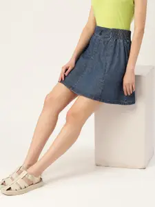 DressBerry Navy Blue Solid Pure Cotton Flared Fit Mini Denim Skirt