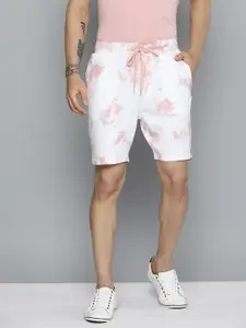 M&H Easy Men White And Peach Tie And Dye Printed Pure Cotton Regular Shorts