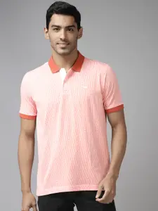 Park Avenue Men Coral Red & White Striped Polo Collar Slim Fit T-shirt