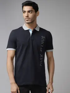 Park Avenue Men Navy Blue Brand Logo Placement Print Polo Collar Slim Fit T-shirt