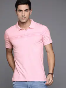 Raymond Men Pink Pure Cotton Striped Polo Collar T-shirt