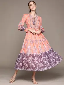 Ritu Kumar Peach-Coloured & Purple Floral Tie-Up Neck A-Line Maxi Dress