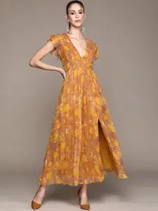 Ritu Kumar Yellow Floral Chiffon Maxi Dress with Camisole