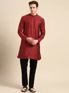 Anouk Men Red Geometric Embroidered Cotton Silk Kurta