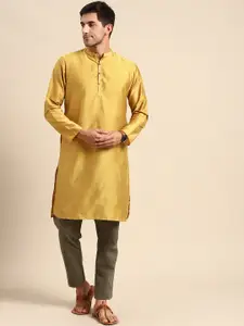 Anouk Men Yellow Mandarin Collar Cotton Silk Kurta