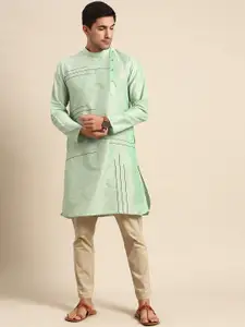 Anouk Men Green Geometric Embroidered Cotton Silk Kurta