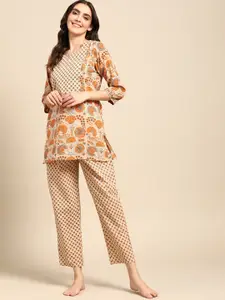 Prakrti Women Peach-Coloured & Orange Printed Pure Cotton Night suit