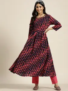 Sangria Navy Blue & Red Geometric Printed Sequinned Pure Cotton Sequinned Kurta