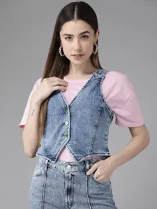 KASSUALLY Women Blue Crop Button Shrug